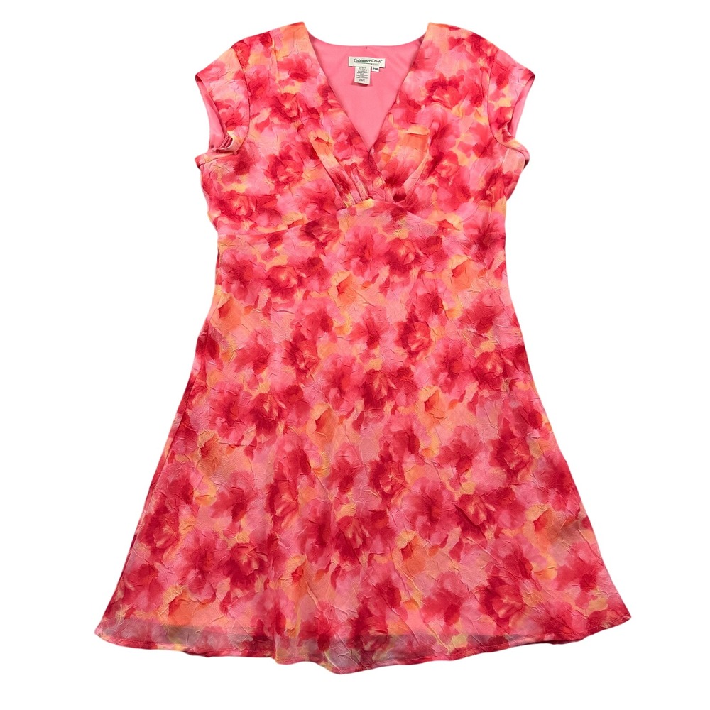 Coldwater Creek Womens Pink Floral Crinkle Chiffon Cap Sleeve Dress P14 Y2K